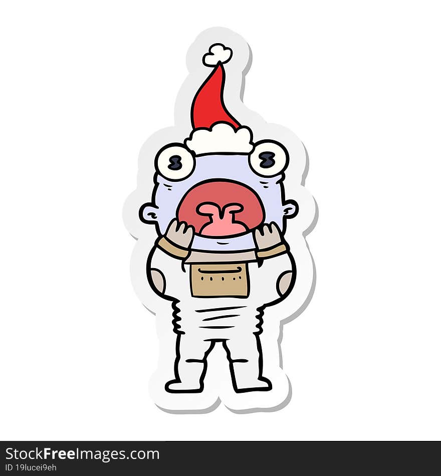 hand drawn sticker cartoon of a alien gasping in surprise wearing santa hat