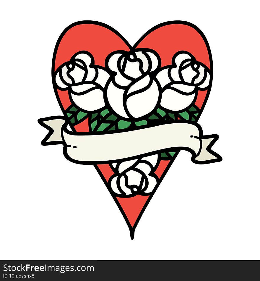 Traditional Tattoo Of A Heart And Banner With Flowers