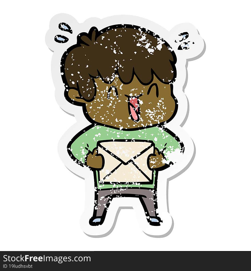 distressed sticker of a cartoon laughing boy