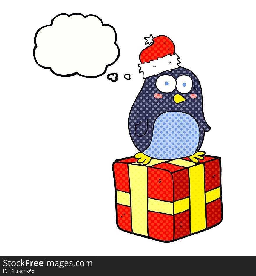 freehand drawn thought bubble cartoon christmas penguin