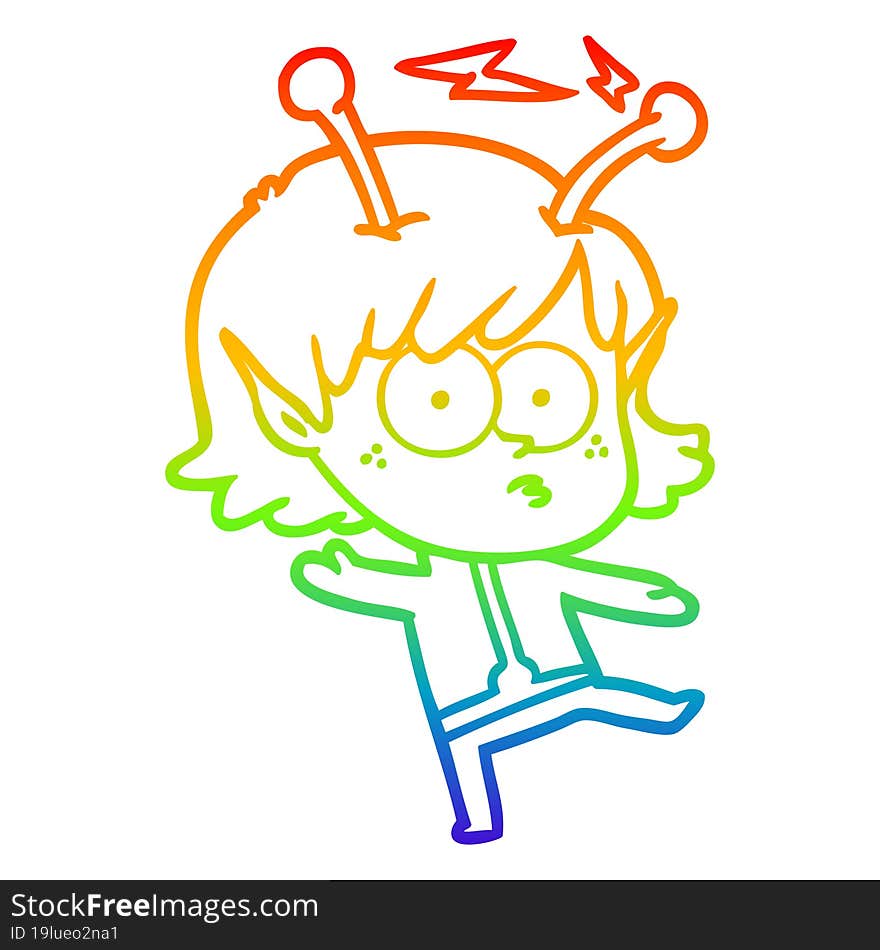 Rainbow Gradient Line Drawing Cartoon Alien Girl