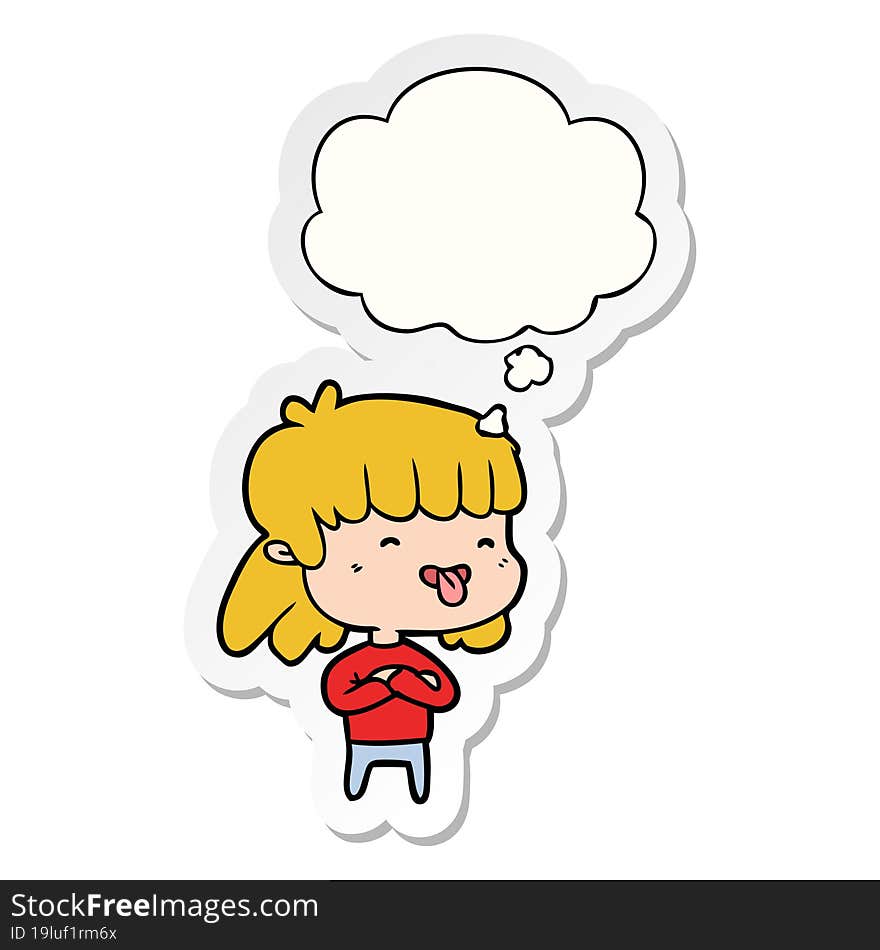 cartoon girl sticking out tongue with thought bubble as a printed sticker