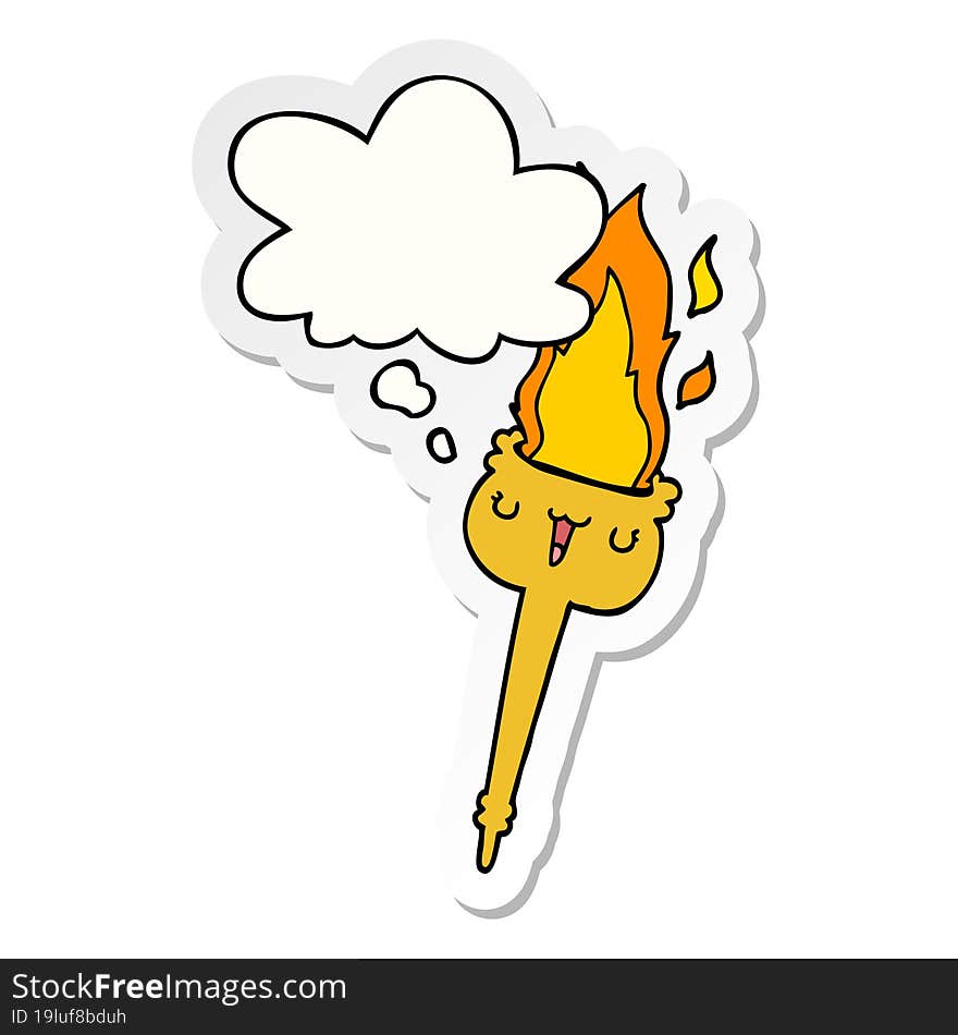 cartoon flaming torch and thought bubble as a printed sticker