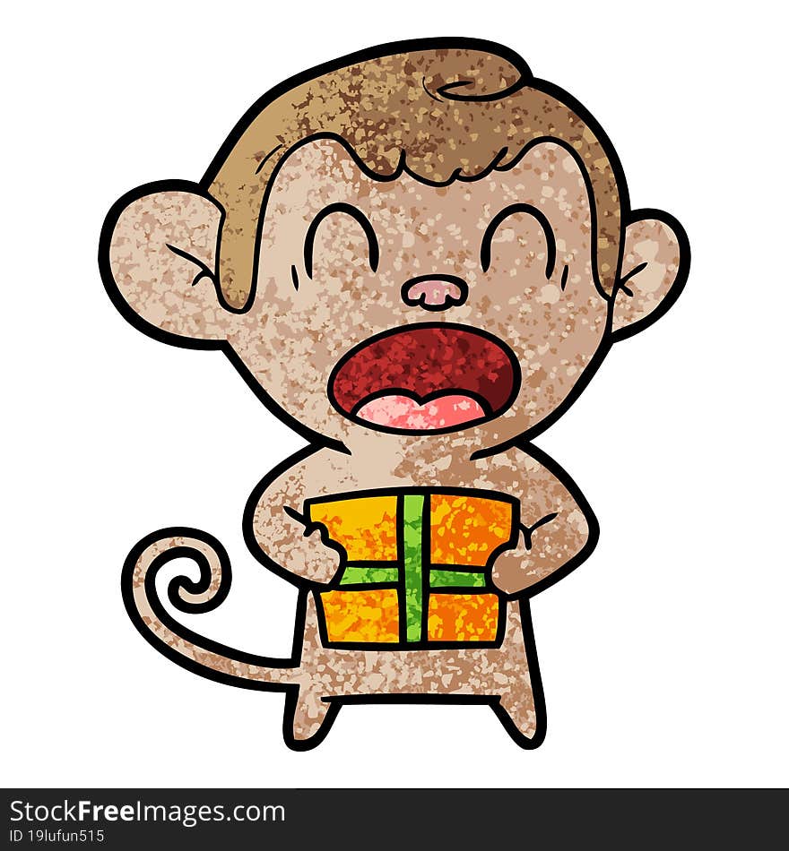 shouting cartoon monkey carrying christmas gift. shouting cartoon monkey carrying christmas gift