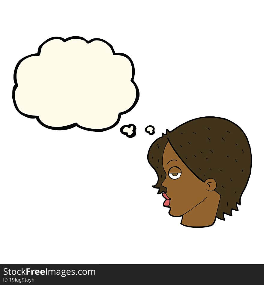 cartoon woman raising eyebrow with thought bubble