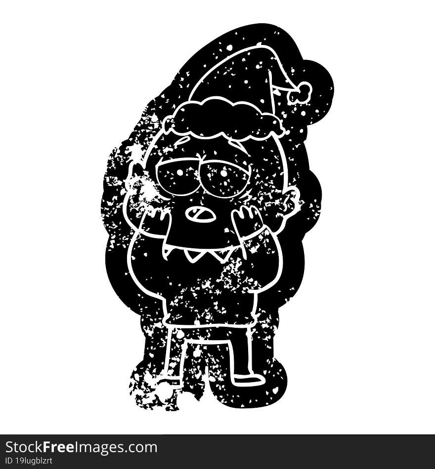 quirky cartoon distressed icon of a tired bald man wearing santa hat