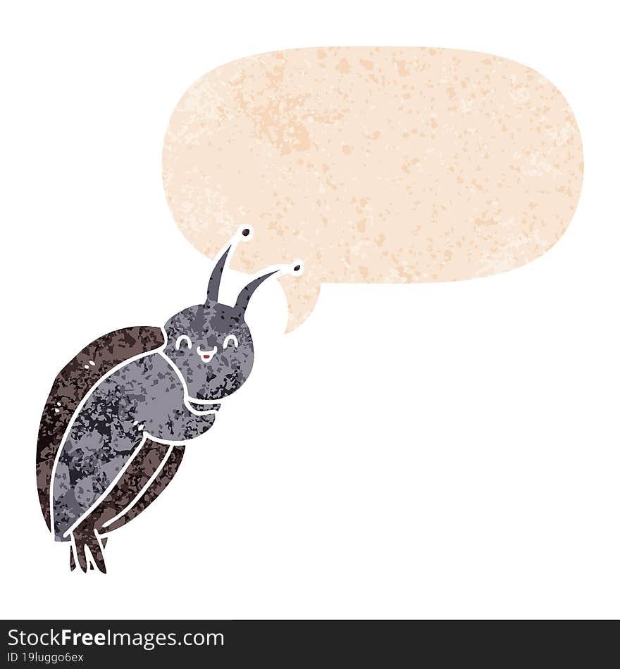 cute cartoon beetle and speech bubble in retro textured style