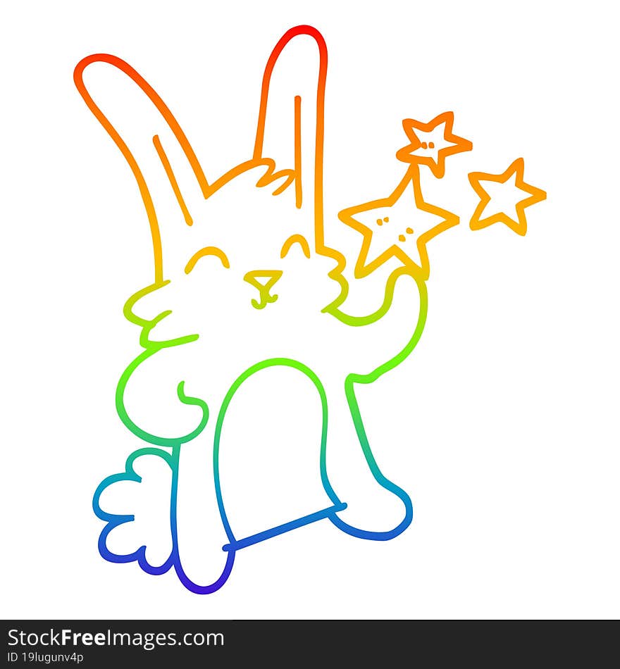 rainbow gradient line drawing of a cartoon happy rabbit