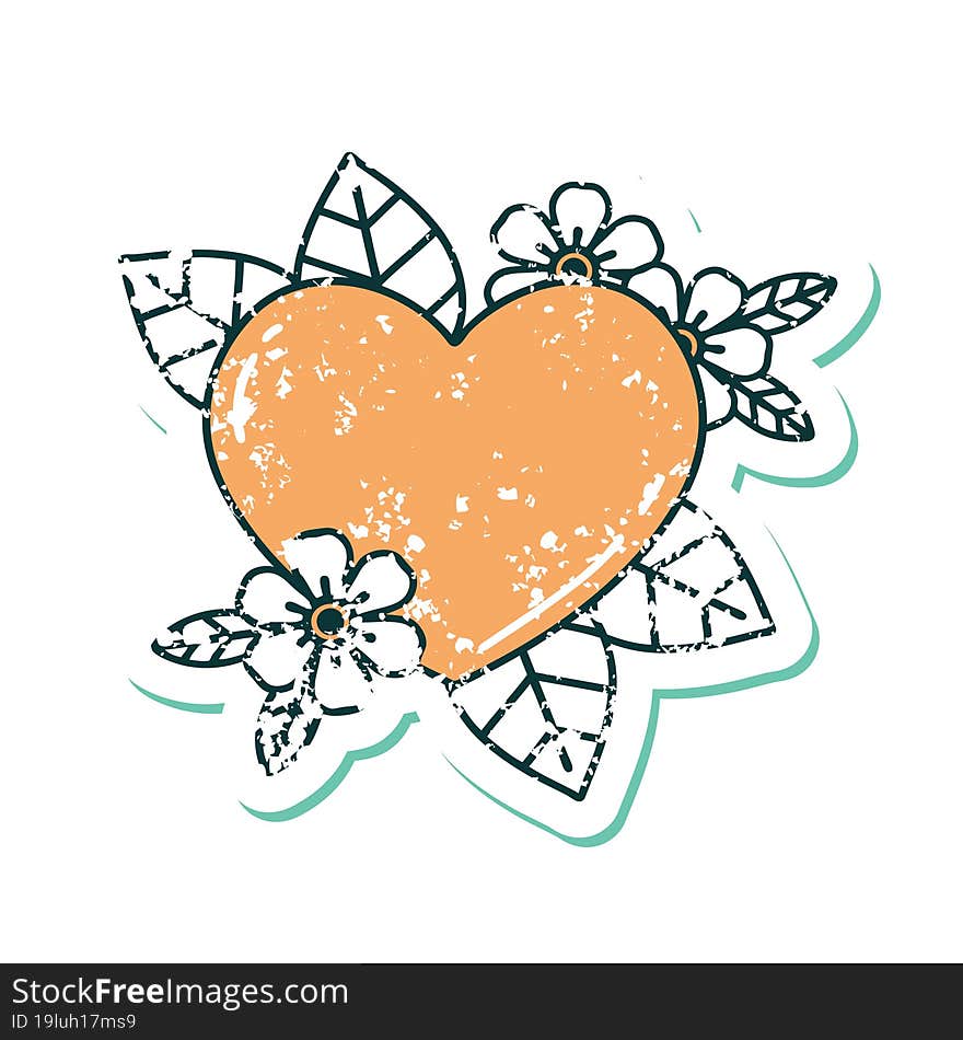 distressed sticker tattoo style icon of a botanical heart