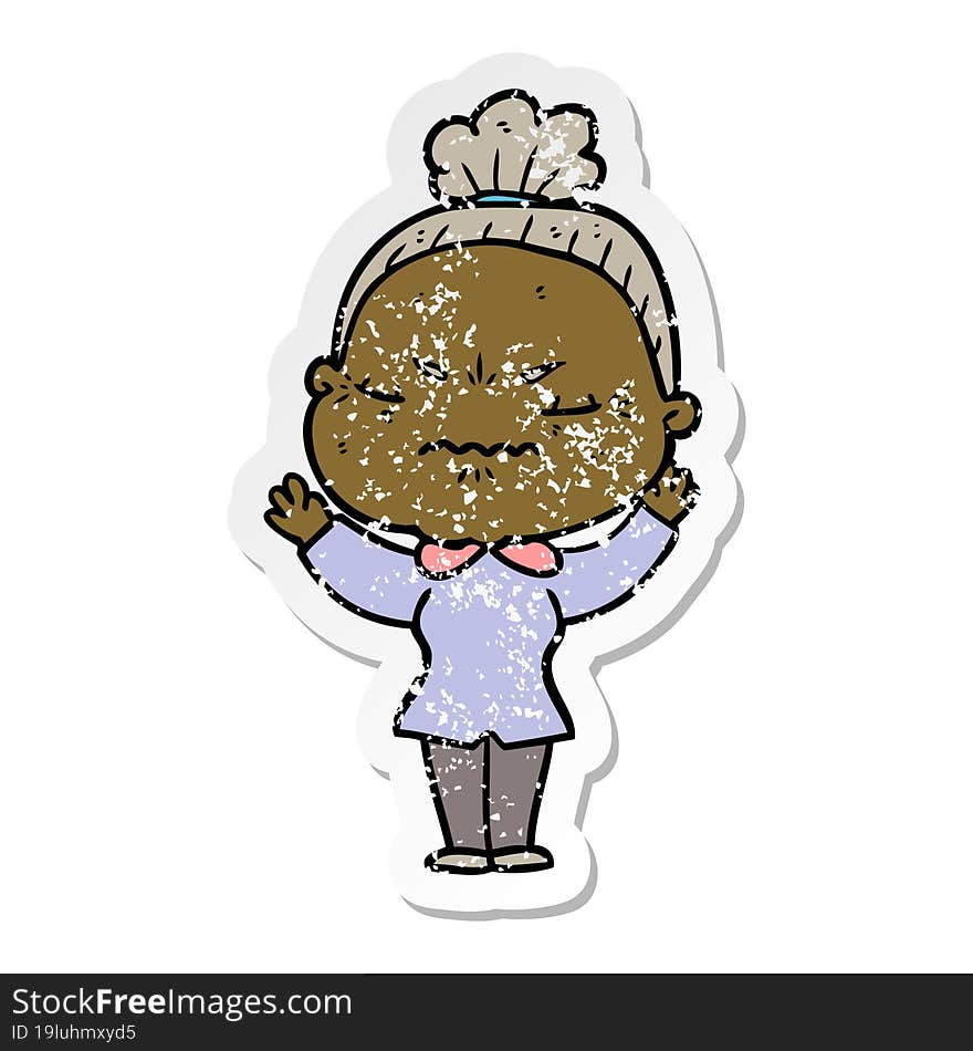 Distressed Sticker Of A Cartoon Annoyed Old Lady