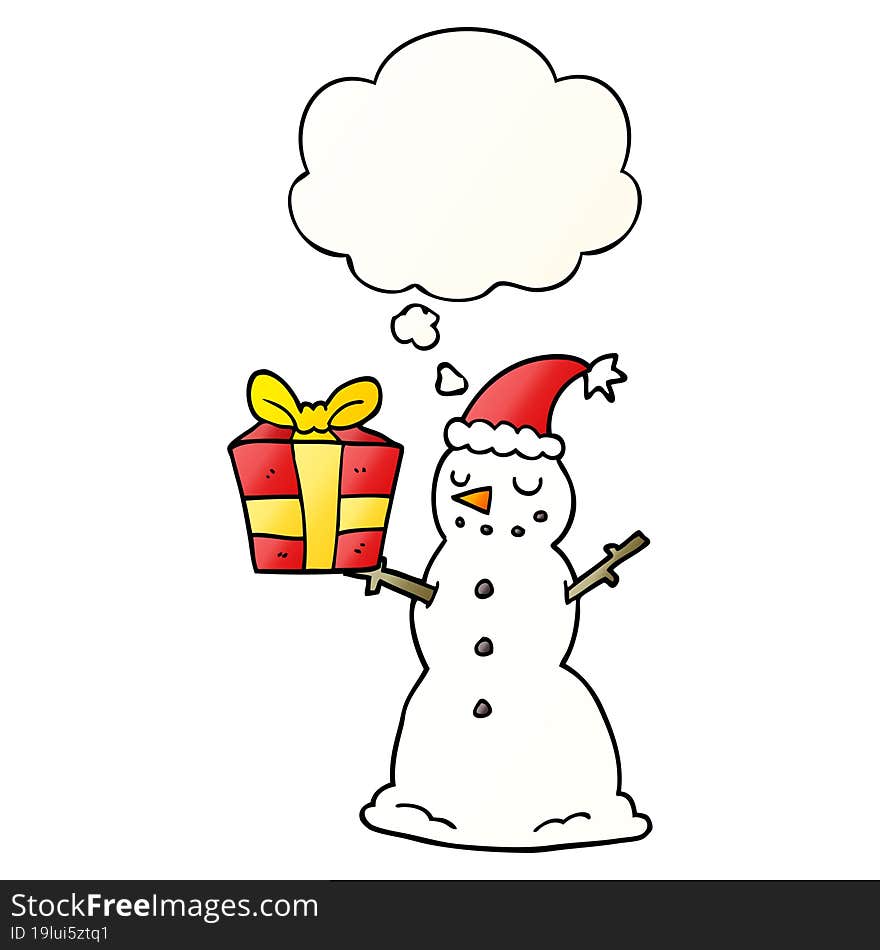 cartoon snowman with present and thought bubble in smooth gradient style