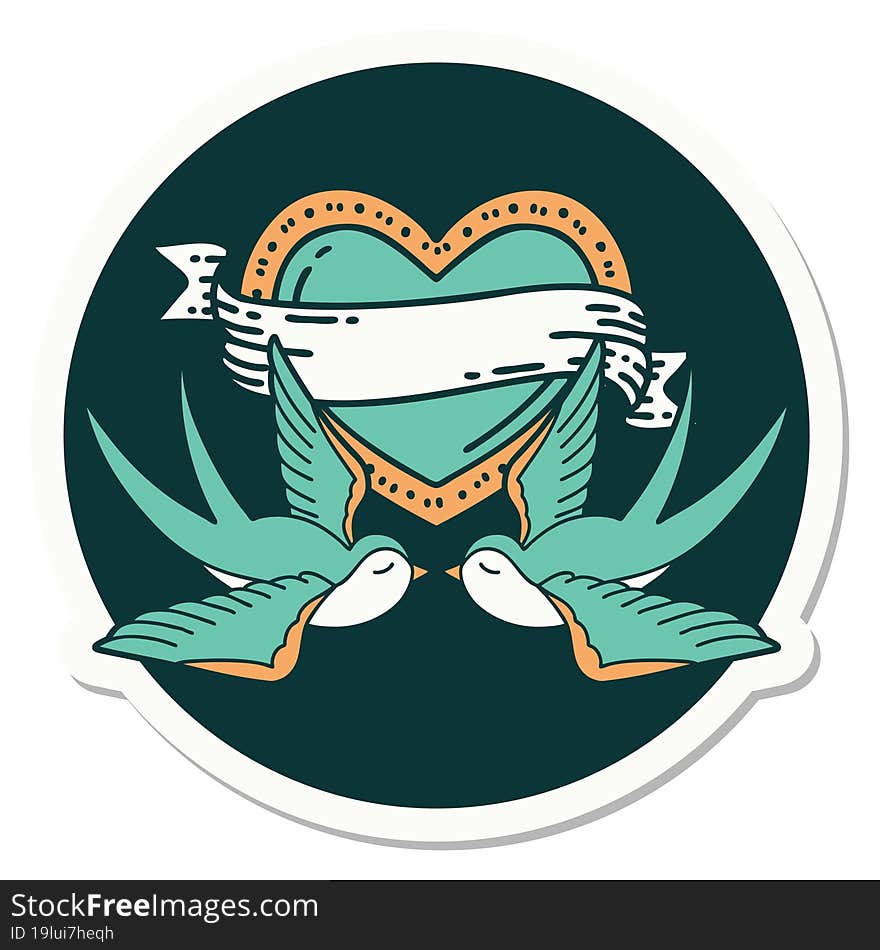 sticker of tattoo in traditional style of swallows and a heart with banner. sticker of tattoo in traditional style of swallows and a heart with banner