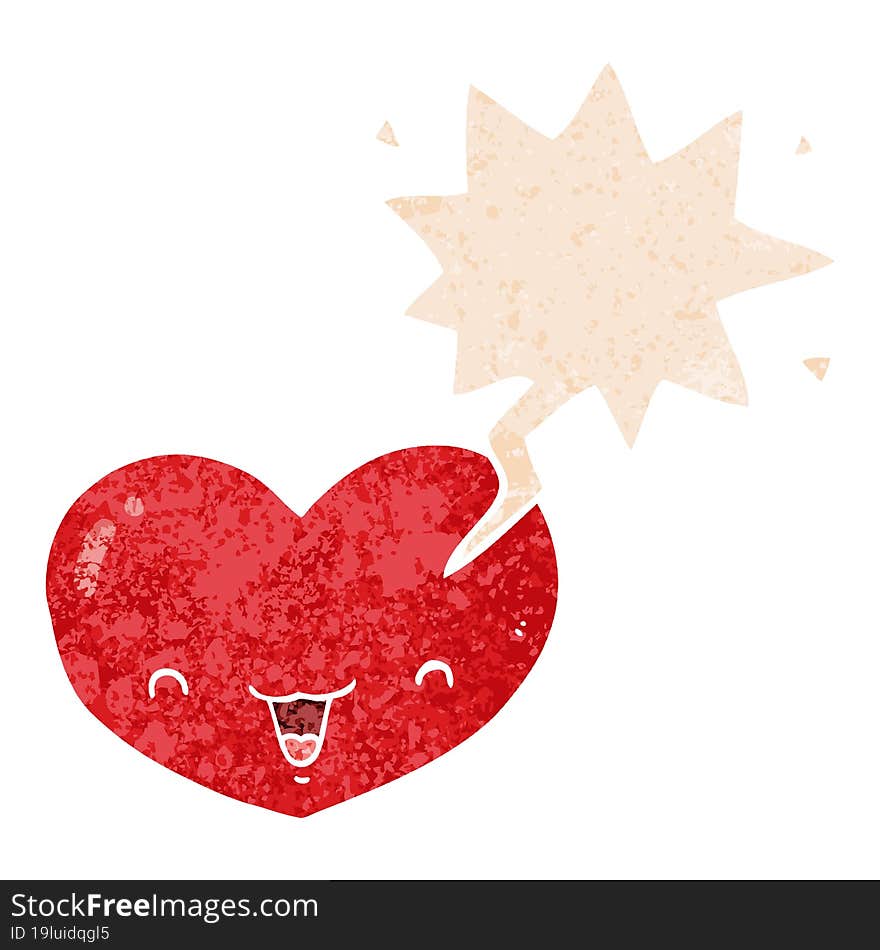 cartoon love heart character and speech bubble in retro textured style