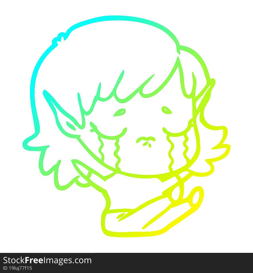 Cold Gradient Line Drawing Cartoon Crying Elf Girl