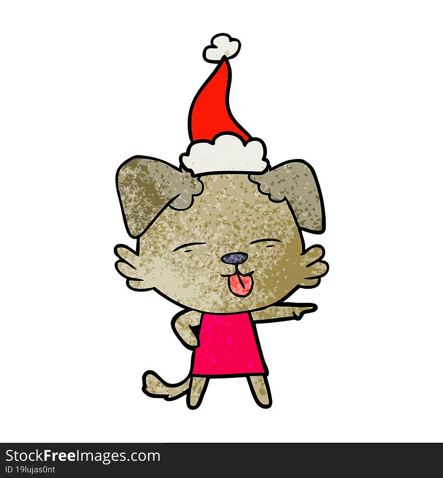 textured cartoon of a dog sticking out tongue wearing santa hat