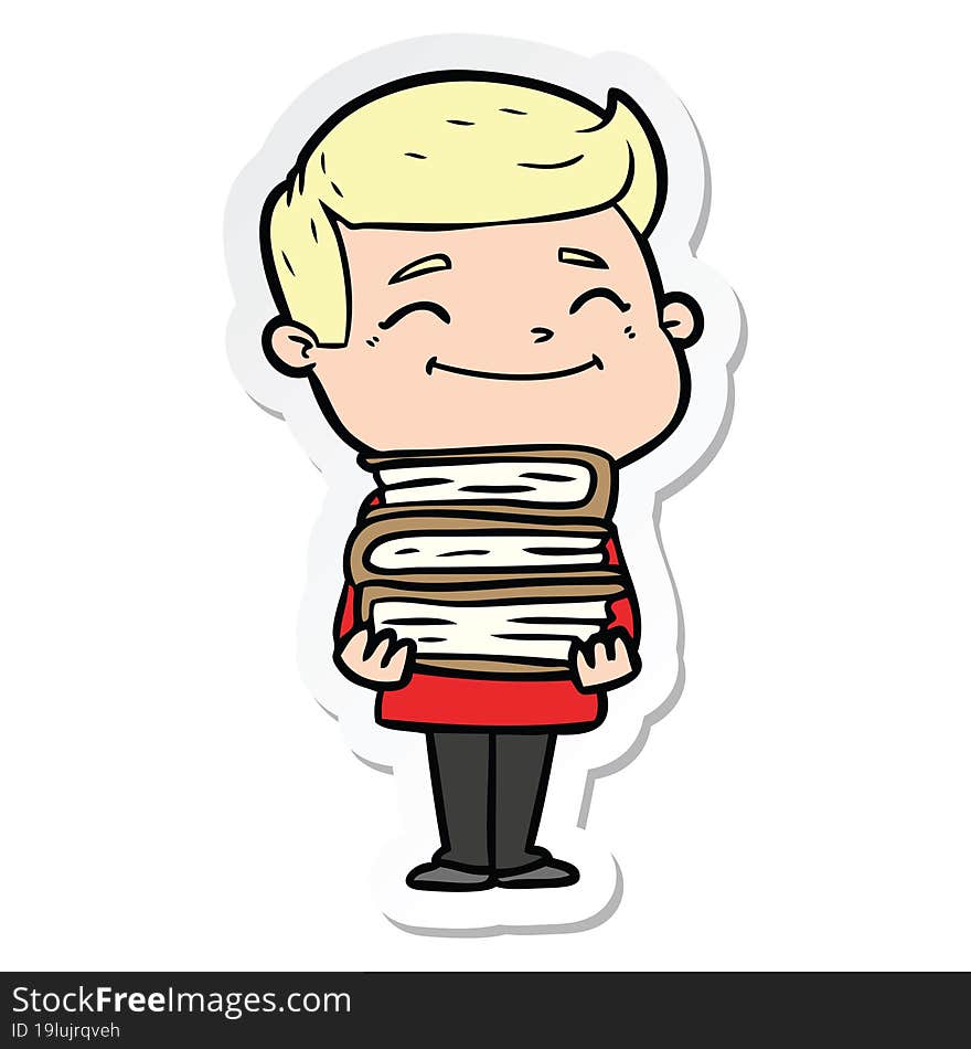 sticker of a happy cartoon man with stack of books