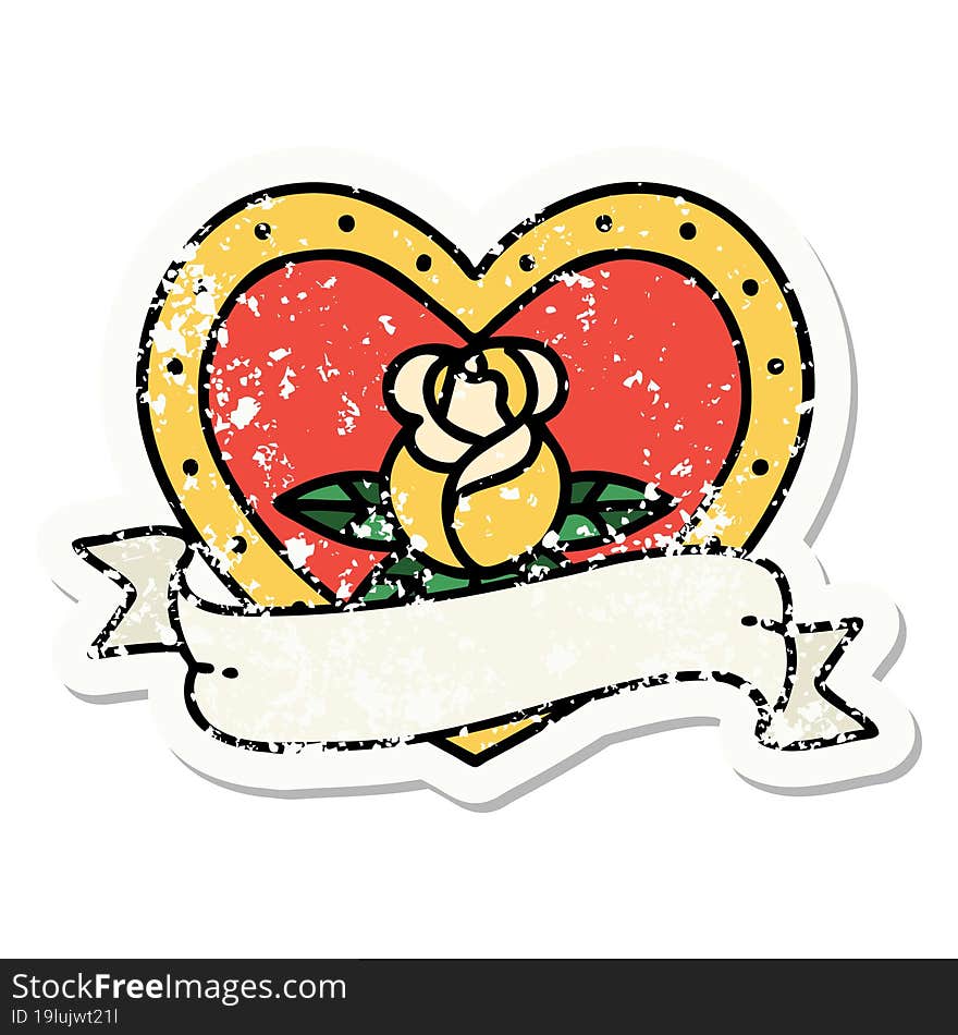 distressed sticker tattoo in traditional style of a heart rose and banner. distressed sticker tattoo in traditional style of a heart rose and banner