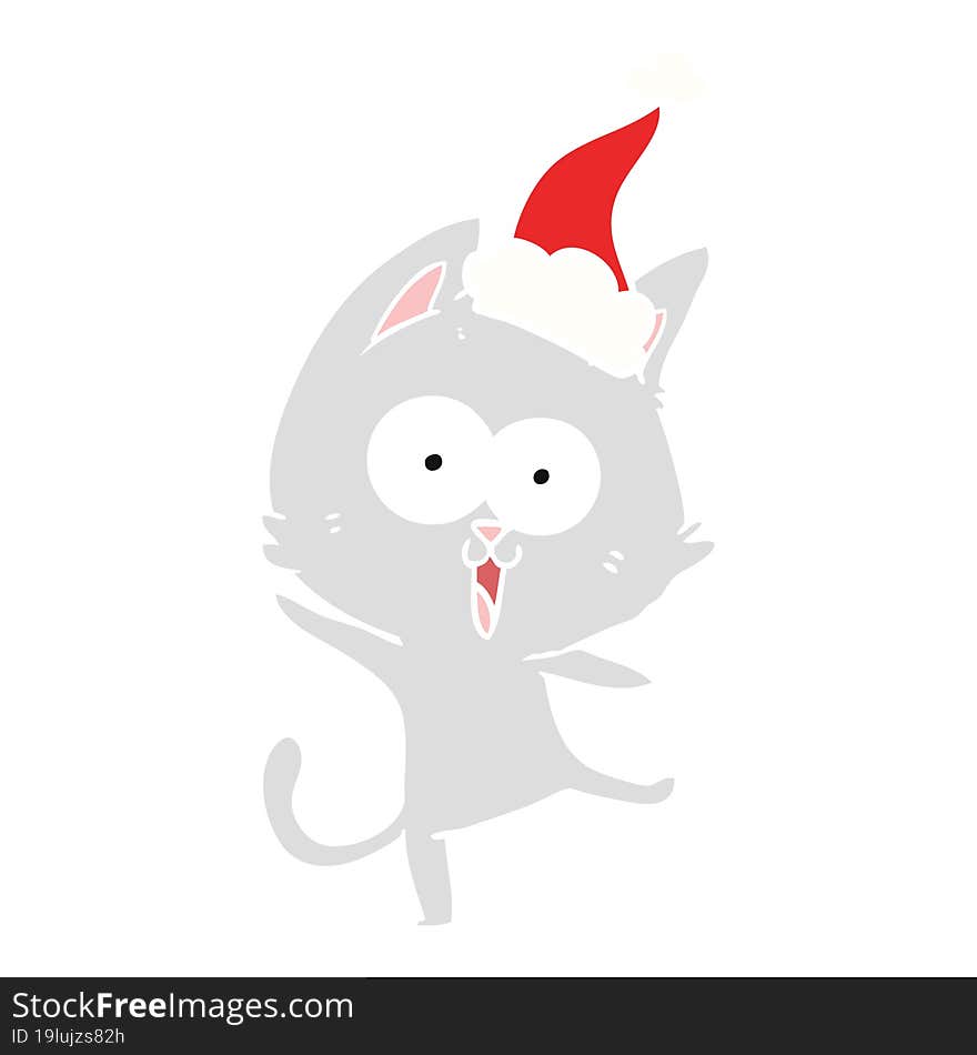 funny flat color illustration of a cat wearing santa hat