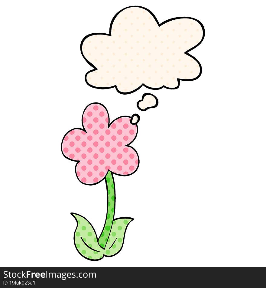 cute cartoon flower with thought bubble in comic book style