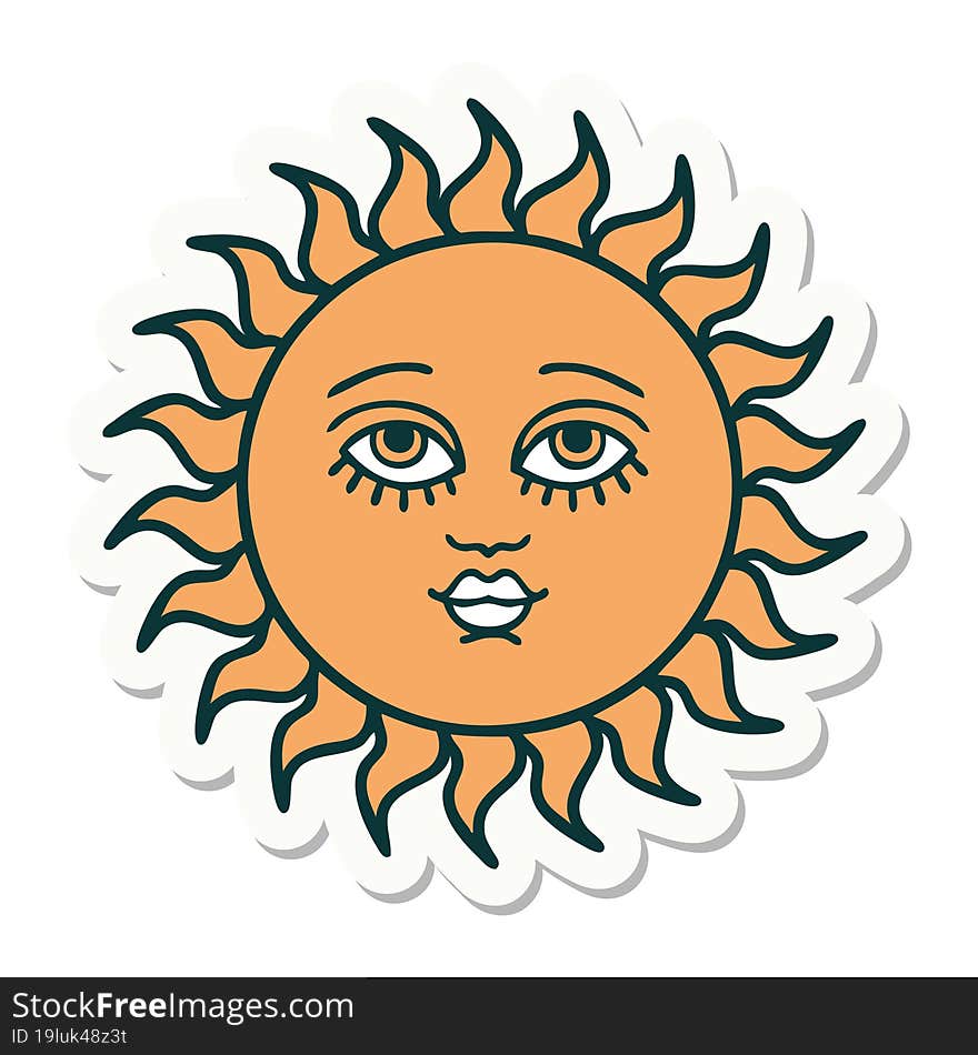 tattoo style sticker of a sun with face