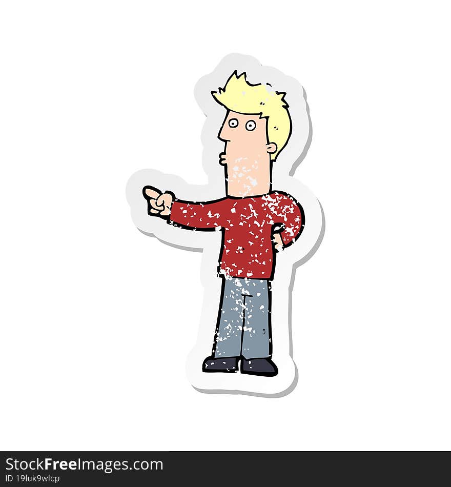 retro distressed sticker of a cartoon man pointing