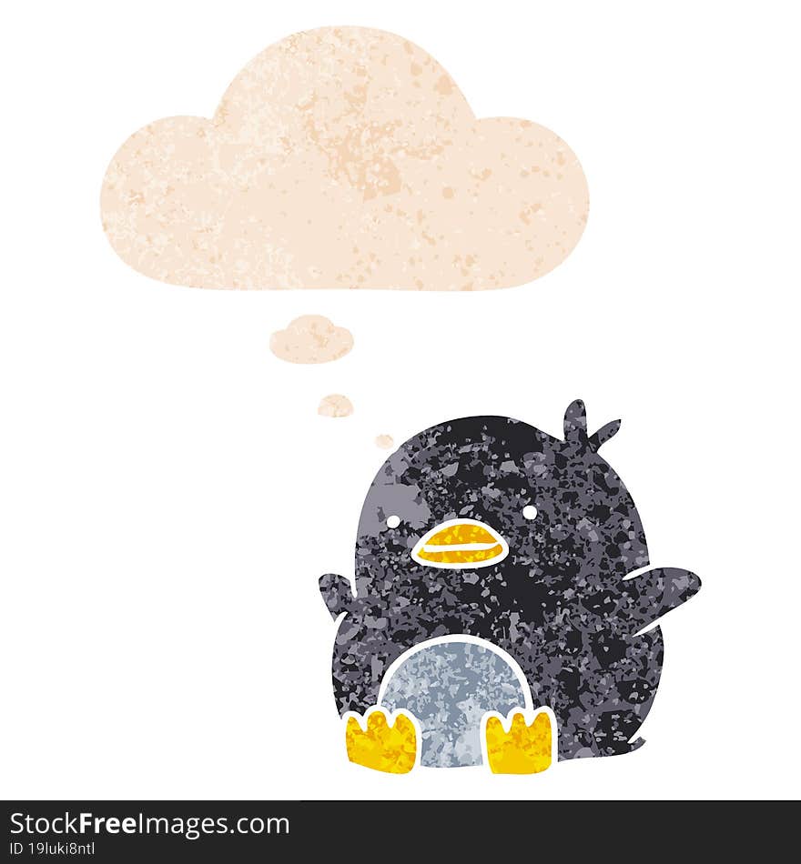 cute cartoon penguin and thought bubble in retro textured style