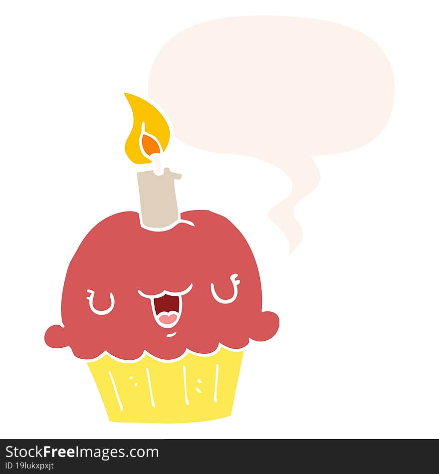 cartoon cupcake with speech bubble in retro style