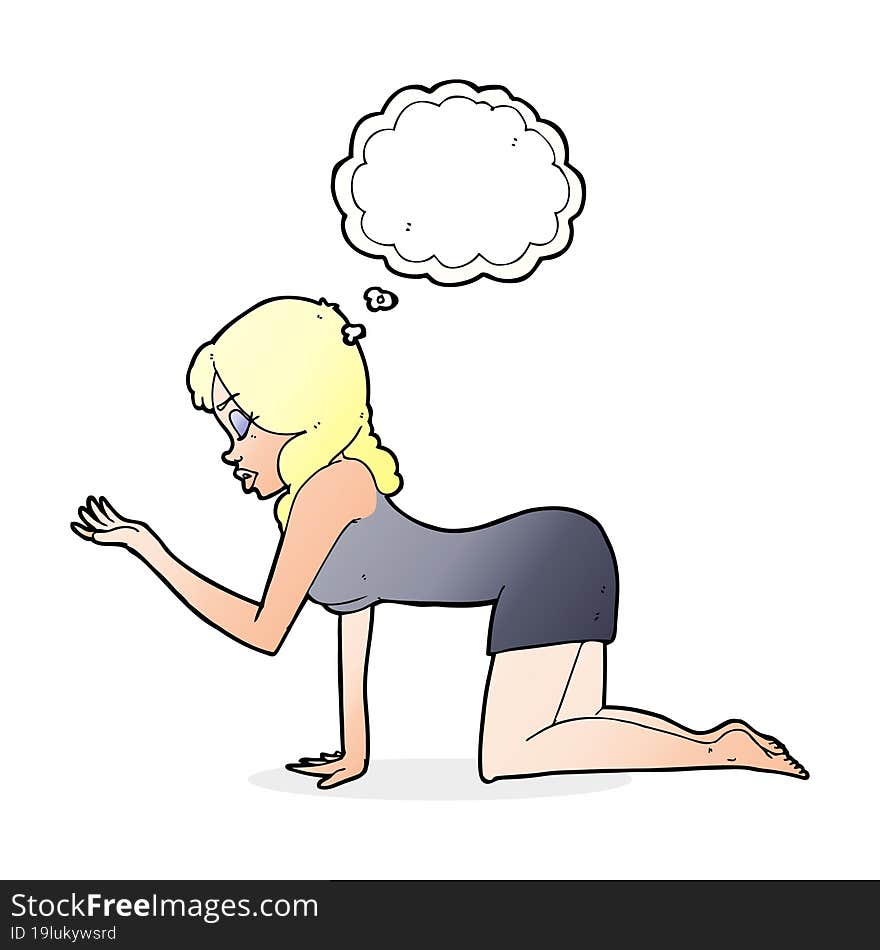 cartoon woman on all fours with thought bubble