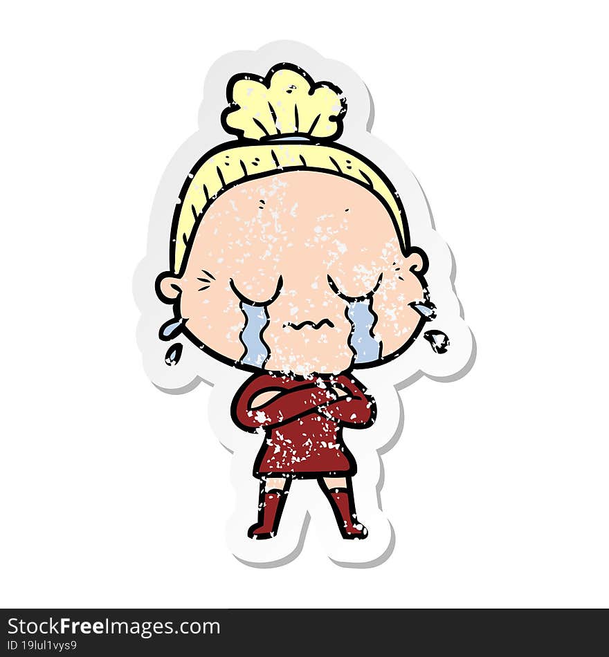 distressed sticker of a cartoon crying old lady