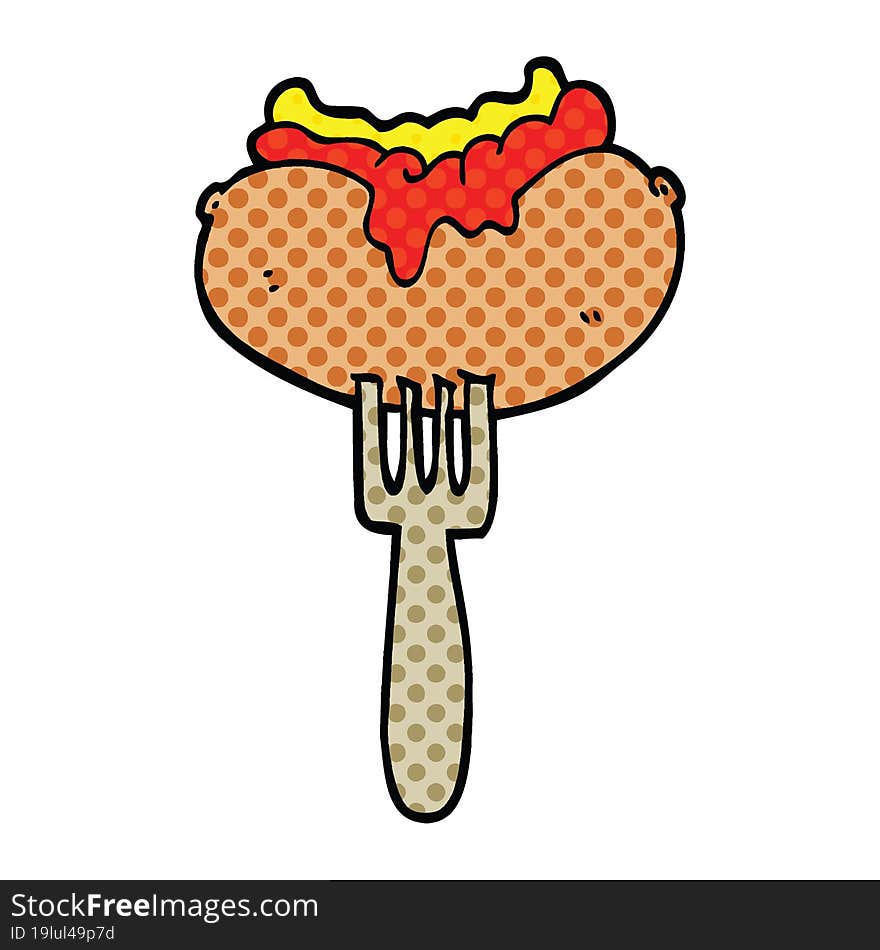 comic book style cartoon hotdog with mustard and ketchup on fork