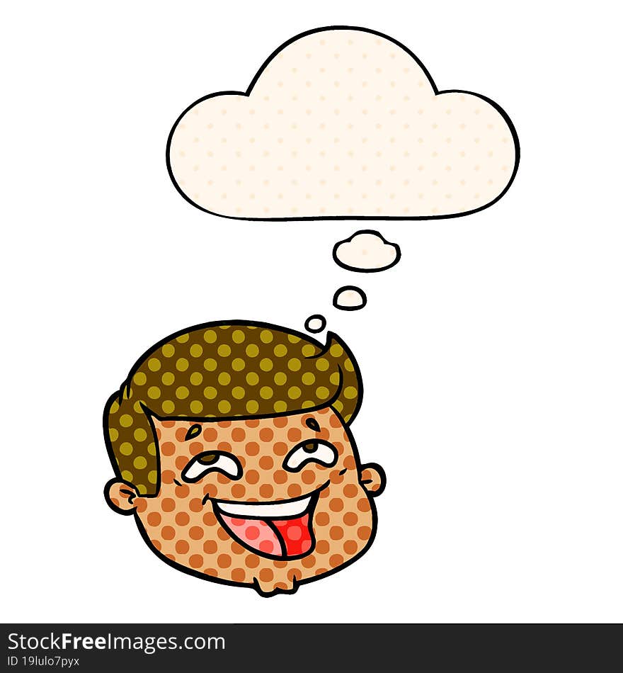 Happy Cartoon Male Face And Thought Bubble In Comic Book Style