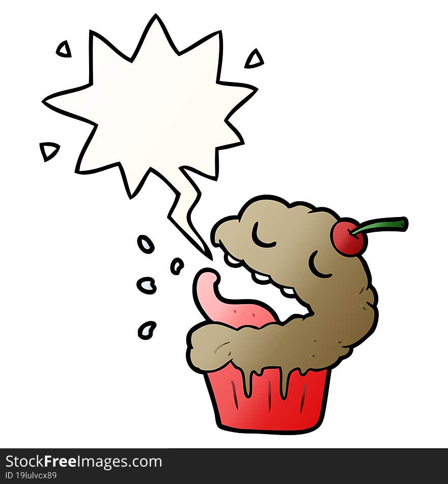 funny cartoon cupcake with speech bubble in smooth gradient style