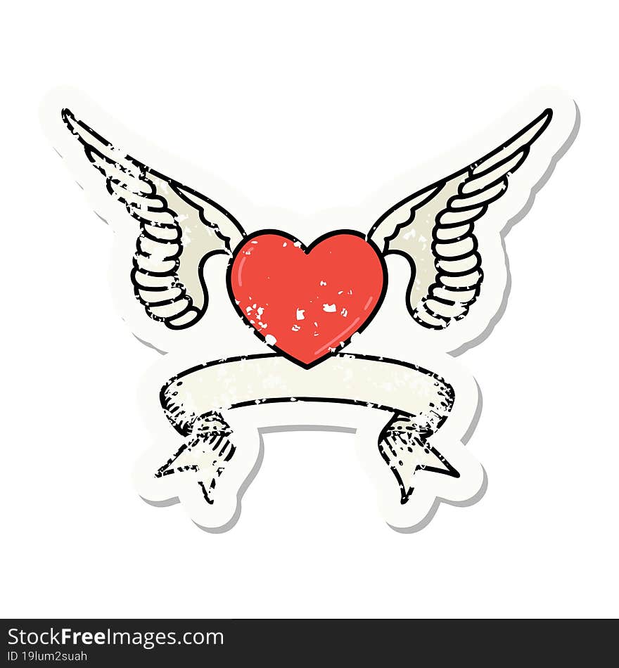 Grunge Sticker With Banner Of A Heart With Wings