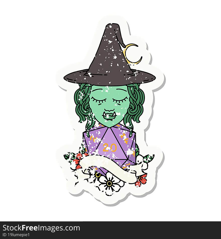 Half Orc Witch Character With Natural Twenty Dice Roll Grunge Sticker