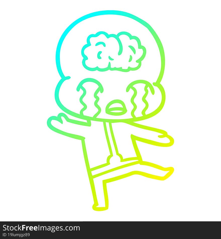 cold gradient line drawing cartoon big brain alien crying