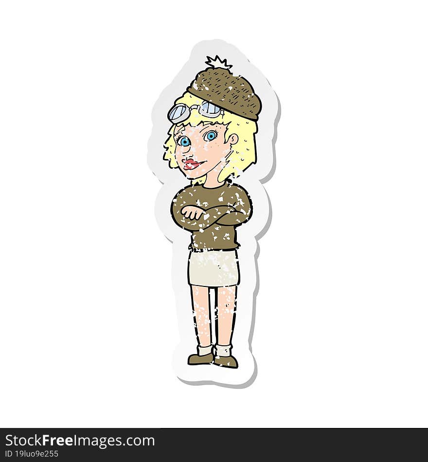 retro distressed sticker of a cartoon woman wearing winter hat