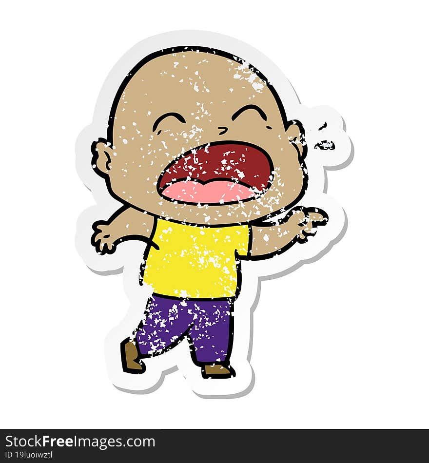 distressed sticker of a cartoon shouting bald man