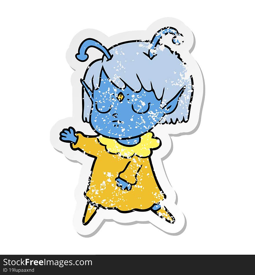 distressed sticker of a cartoon alien girl