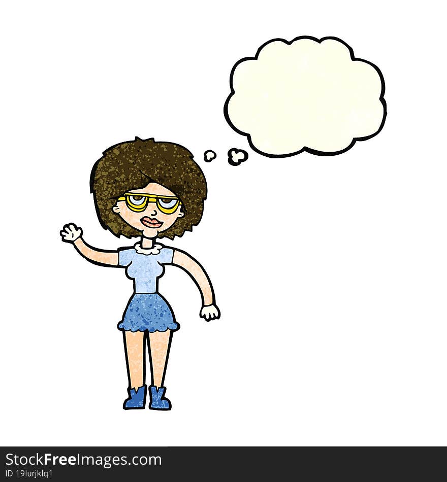 cartoon waving woman wearing spectacles with thought bubble