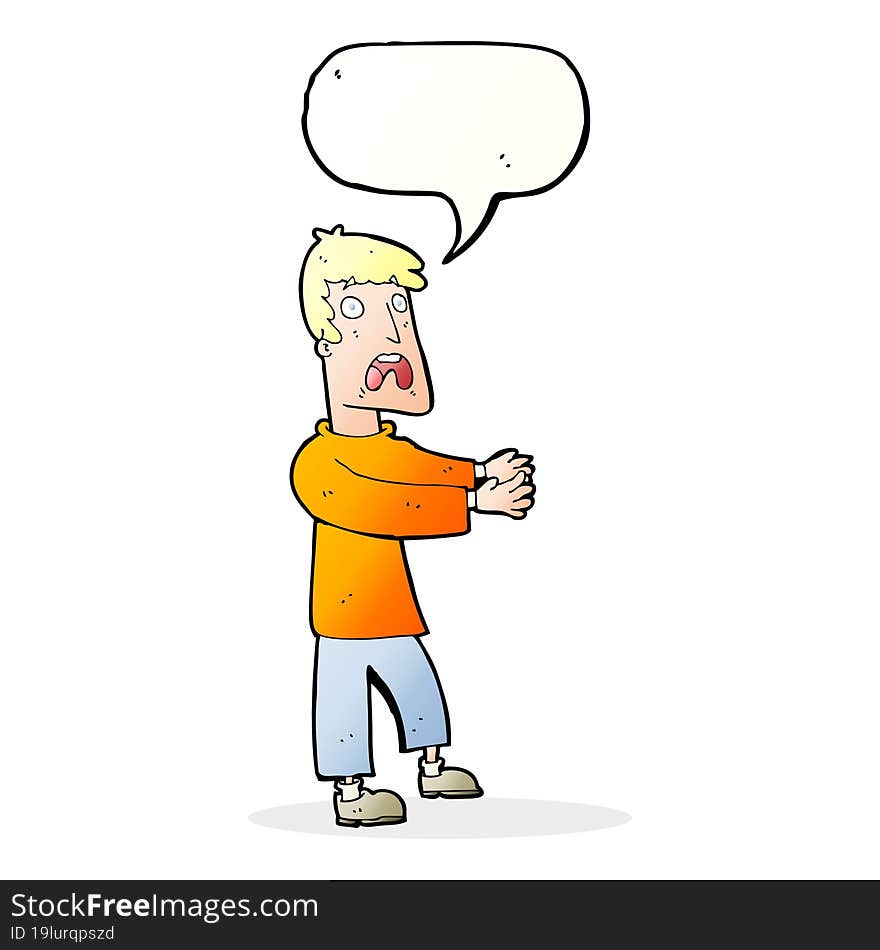 cartoon terrified man with speech bubble