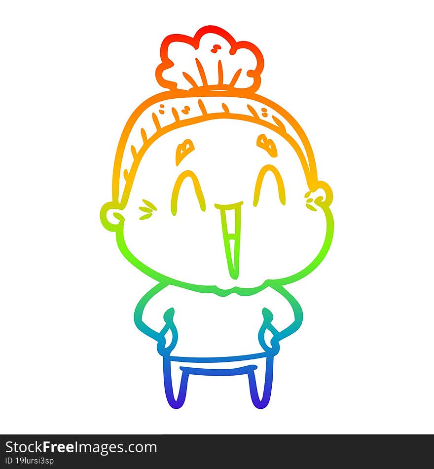 rainbow gradient line drawing of a cartoon happy old lady