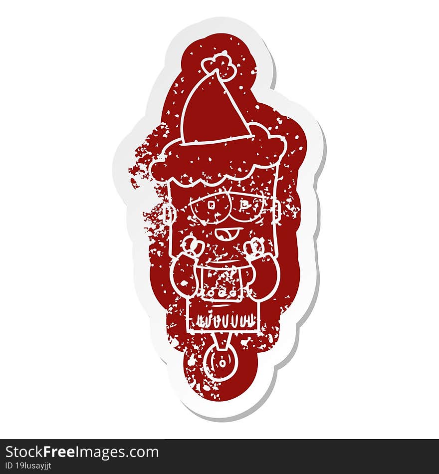 cartoon distressed sticker of a robot wearing santa hat