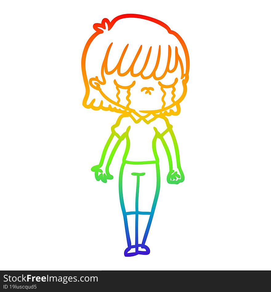 rainbow gradient line drawing of a cartoon woman crying