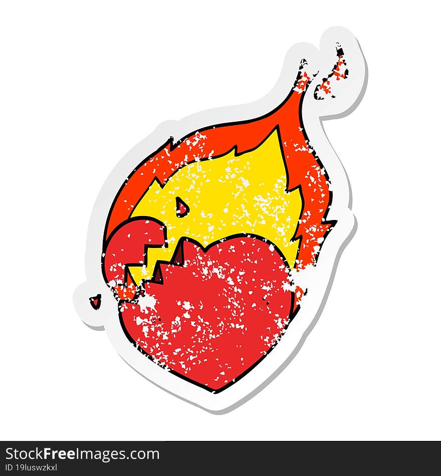 distressed sticker of a cartoon flaming heart