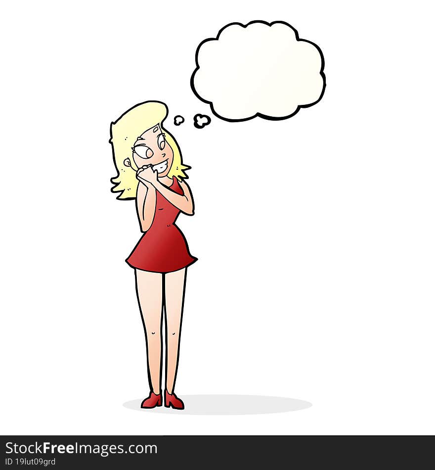 cartoon excited woman with thought bubble