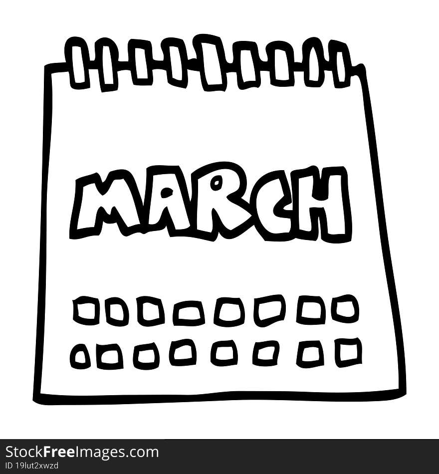 line drawing cartoon calendar showing month of march