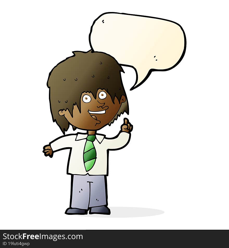 cartoon school boy with idea with speech bubble