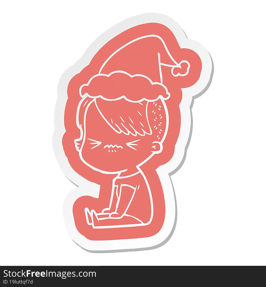 cartoon  sticker of a annoyed hipster girl wearing santa hat