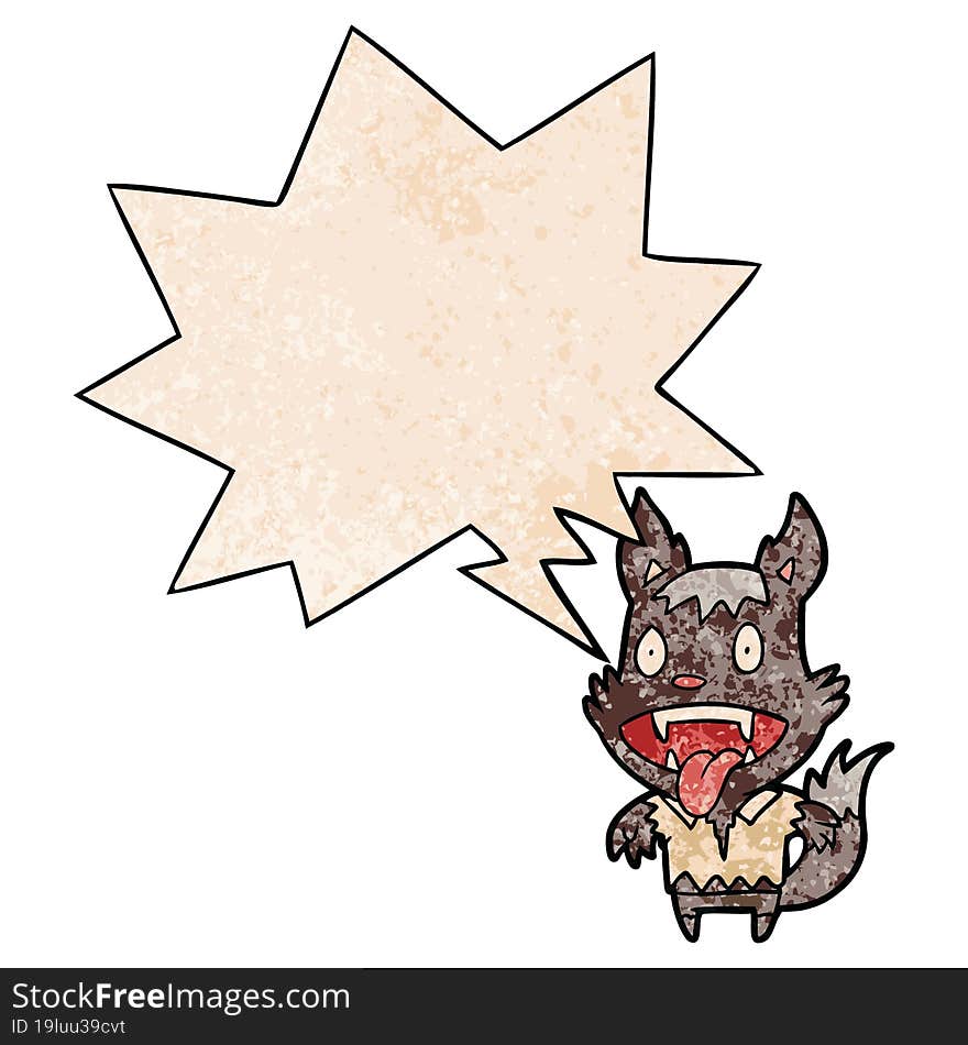 cartoon halloween werewolf and speech bubble in retro texture style