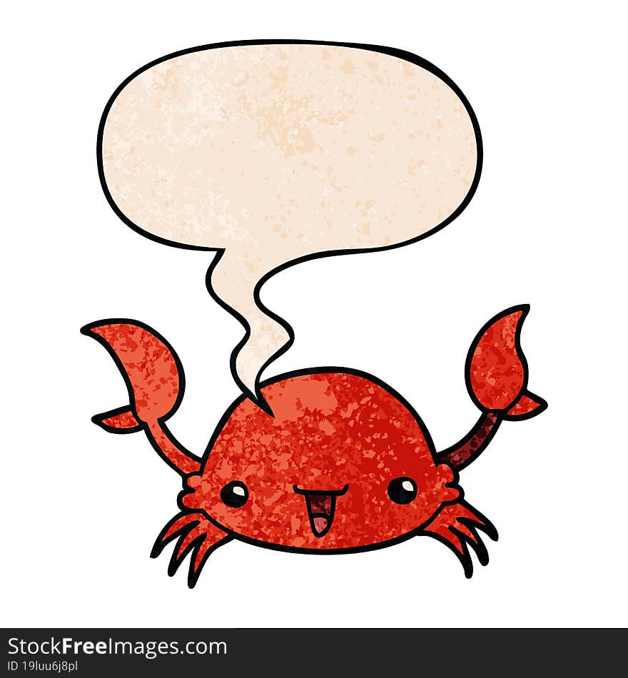 cartoon crab and speech bubble in retro texture style